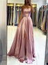 A Line Spaghetti Straps Pink Satin Lace Up Prom Dress with Slit LBQ3699